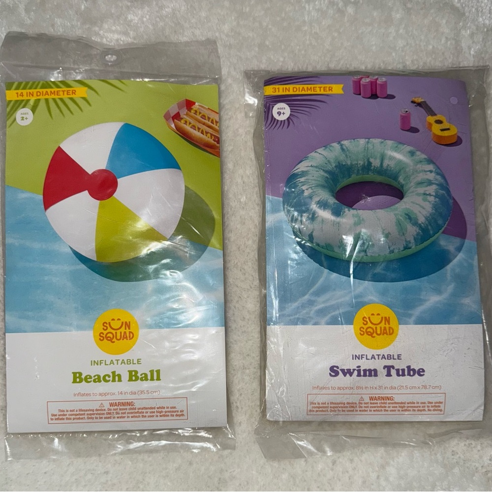 Sun Squad 31 Inch Diameter Swim Tube & 14 Inch Diameter Beach Ball BUNDLE